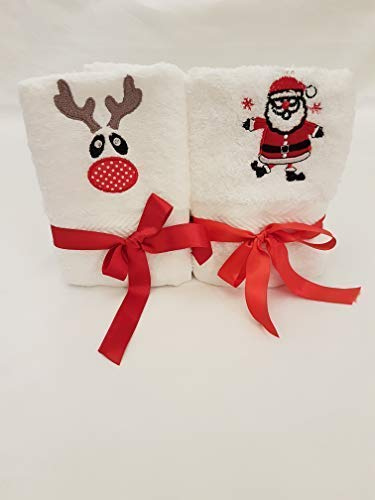 Lex's Linens Set mit 2 bestickten Gästetüchern mit Rudolph und Weihnachtsmann (je 1 Stück)