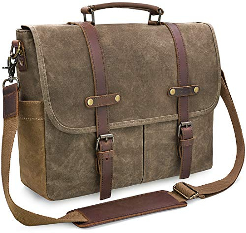 NEWHEY Herren Umhängetaschen Aktentasche Laptoptasche Wasserdichte Canvas Groß Arbeitstasche Messenger Bag Männer Damen Vintage 15.6 Stoff Leder Reise Sport Khaki