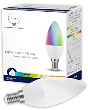 tint Smarte E14 Glühbirne – Steuerbar per Alexa oder Fernbedienung – Dimmbare LED-Kerze mit weißem und farbigem Licht RGB, 40 W