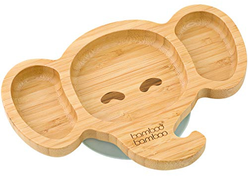 Piatto di Bambù con Ventosa per Neonati - Piatto di Bambù per Bambini, Non Tossico, Naturale, Che Rimane Freddo al Tatto Durante il Baby-Led Weaning (Elefante) Grigio