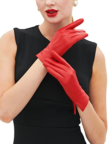 YISEVEN Damen Lederhandschuhe Ungefüttert Handschuhe Leder Damenhandschuhe Elegant Warm Lammfellhandschuhe Autofahrerhandschuhe Frauen Autohandschuhe Muttertag Geschenk, Rot Klein/6.5