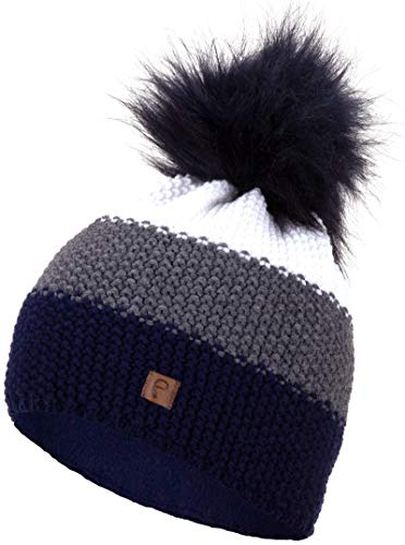 Faera Wintermütze Damen Mütze warm gefüttert Mädchen Bommelmütze Fleecefutter Winter Strickmütze Beanie Herren 35, Farbe:Marineblau