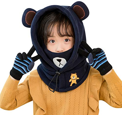 Kids 3 in 1 Hat Warm Mask Scarf Set Boys Girls Fleece Balaclava Ski Hat Neckwarmer Mask Adjustable Windproof Hood Winter Thermal Neck Snood for Children Age 5-10 (Deep Blue)