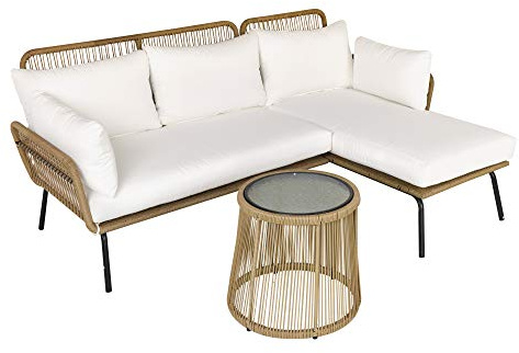 Outsunny Set 3 Pezzi Mobili da Giardino in Rattan Stile Boho Chic, Divano 2 Posti con Chaise Longue e Tavolino, Beige e Caffè