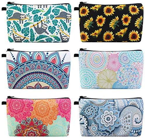 MAGEFY Makeup Bag 6 Styles Portable Travel Cosmetic Bag for Women Flower Patterns Zipper Pouch Sloth Gifts Makeup Pouch with Black Zipper (6 packs)