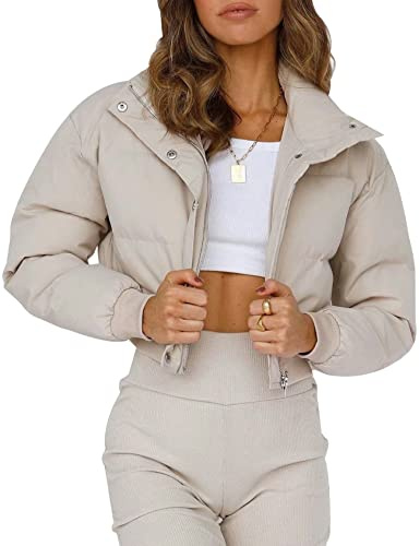 Gihuo Women' s Cropped Puffer Jacket Padded Long Sleeve Bubble Coats Winter Warm Puffy Outerwear(Beige-S)