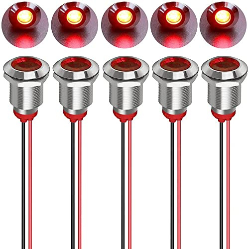 Gebildet 5pcs 12mm AC/DC 12-24V LED Metal Indicator Light Waterproof Signal Lamp Pilot Dash Directional with Wire(Red)