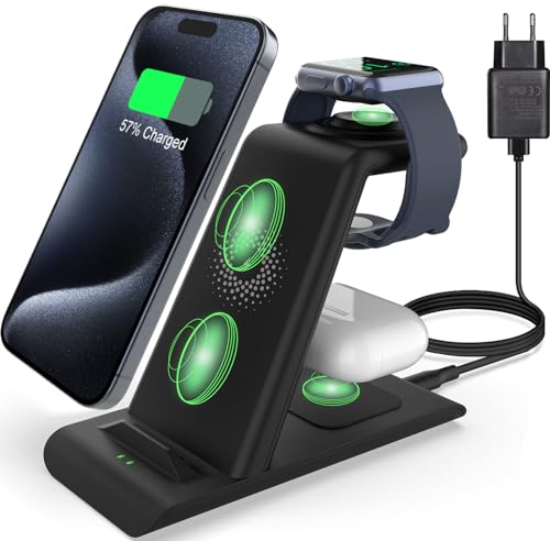 Aimtel 3 in 1 Faltbar kabellose Ladestation für Apple Watch und i Phone Ladegerät für Apple Watch Series 10/9/Ultra 2/8/7/SE, Ladestation für i Phone 16/16 Pro/MAX/Plus/15/14/13/12/11/XS/XR/AirPods 4