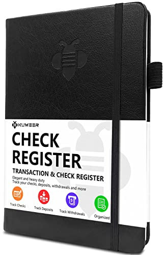 KUMEER Scheckregister – elegante Scheckregister für persönliche Scheckhefte mit Scheck- und Transaktionsregistern, Hardcover-Scheckbuchprotokoll 13,2 x 19,3 cm (schwarz)