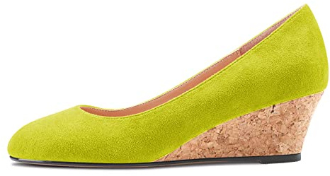 Saekcted Femmes Bloc Chunky Compensé Talon Heel Fermé Carré Bout Slip-on Escarpins Classique Cute Dress Party 5 CM Heels Chaussures Vert Citron Suède 38 EU