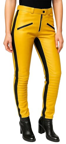 Giacca da donna alla moda per cosplay, giacca e pantaloni da motociclista in pelle gialla, 38
