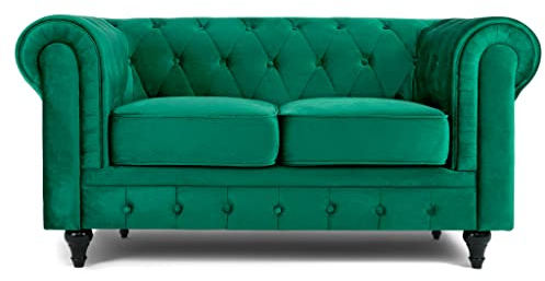 Bravich Velvet Chesterfield Sofa | 2 Seater Settee | Soft Plush Fabric | Foam Seat Cushions | Scroll Arms | Button Studded Back | Living Room Bedroom Conservatory | Emerald Green | 160x90x78cm