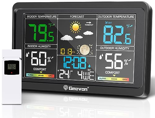 Geevon Weather Stations Wireless Indoor Outdoor Thermometer, Color VA Display Digital Weather Thermometer, Temperature Humidity Monitor with Barometer, Calendar, and Adjustable Backlight