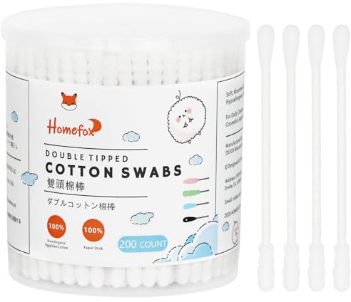 HOMEFOX Cotton Swabs Spiral - 200 Count Organic Cotton Buds Double Side Tightly Wrapped Cotton Tips Paper Stick Soft Gentle Lint-Free Cruelty-Free, Round & Spiral (White)…