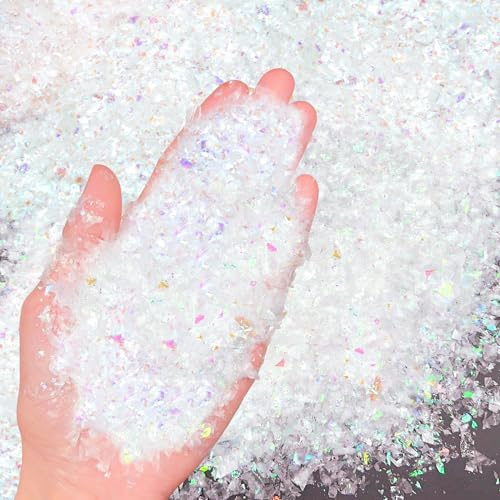 Apragaz 5.3oz Christmas Twinkles Snow Artificial Fake Snow Decoration Plastic Sparkling Snow Faux Craft Snow Filler for Christmas Village Display Xmas Tree Party Décor Supplies (White, AB Color)