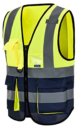 AYKRM Plusieurs Couleurs 7 Poches de Classe 2 Gilet de sécurité Haute visibilité Devant avec des Bandes réfléchissantes, Gilet Jaune & Marine - Unisexe