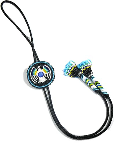 buybeaded Beaded Bolo Tie with Geometric and Traditional Design - Men's Bolo Tie for Wedding, Formal Occasion, Party (One Size) (Thunder bird (Black))