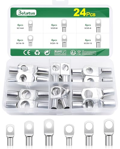 Bolatus 24Pcs Cable Lugs, Cable Crimps Bolt Hole Tinned Copper Terminals Set Tubular Cable Lugs M8 M10 SC Ring Terminal Connectors Assortment Kit Crimp Type