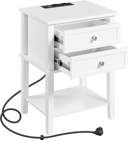 Yaheetech Comodino con presa e porte USB, tavolino con 2 cassetti e ripiano aperto, in legno, per camera da letto, soggiorno, bianco
