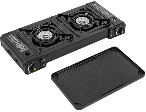 Réchaud de camping à 2 feux avec couvercle - Réchaud à gaz portable pour l'extérieur - Avec plateau de cuisson rectangulaire - Double réchaud à gaz - Noir