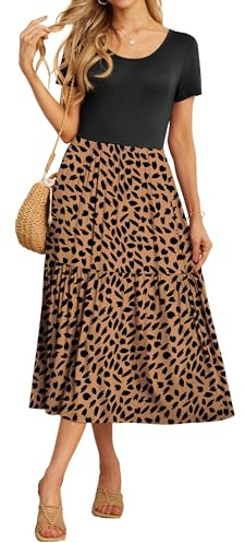 GRECERELLE Maxi Dresses for Women UK Summer Short Sleeve Crew Neck Swing Flowy Tiered Party Dress with Pockets for Weddings, Holidays (Khaki Love, XL)