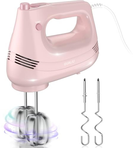 Elektrischer Handmixer 300W mit Edelstahl Schneebesen, Knethaken und Aufbewahrungstasche,Handrührgerät für Backen Kuchen, Eier, Sahne Lebensmittel-Mixer Turbo Boost /5 Geschwindigkeit Küchenmixer Rosa
