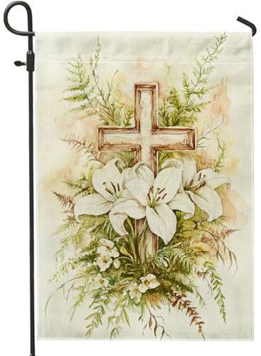 Drapeau de jardin floral printemps été, croix de lys blanc, décoration extérieure, drapeau de cour double face en toile de jute pour Faith & Hope Décoration de maison et de jardin 30,5 x 45,7 cm