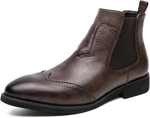 Stivaletti Chelsea in Pelle da Uomo Brogue Wing Tip Stivali da Sera Formali Slip-on per Uomo, Brown, 7.5 UK