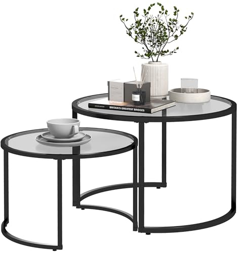 HOMCOM Set di 2 Tavolini da Caffè Sovrapponibili, Tavolini da Salotto Impilabili in Vetro Temperato e Acciaio per Soggiorno, Camera e Ufficio, Ø70x47.5 cm e Ø54 x 42.5 cm, Nero