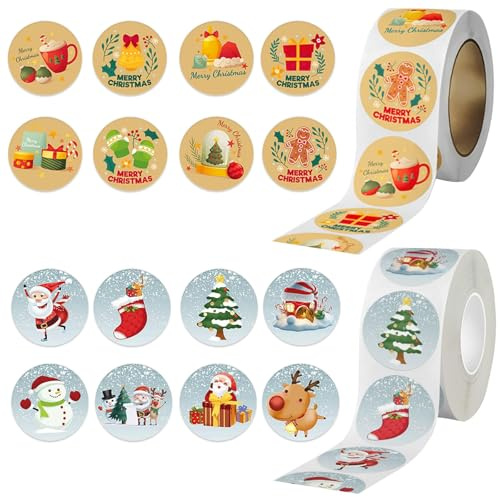 MLPKOI 1000 Pièces Etiquette Cadeau Noëll, Autocollants de Noël Stickers, Autocollant Noël Rondes, Etiquettes Autocollantes pour Décoration, Enveloppe, Emballage Cadeau, Fête
