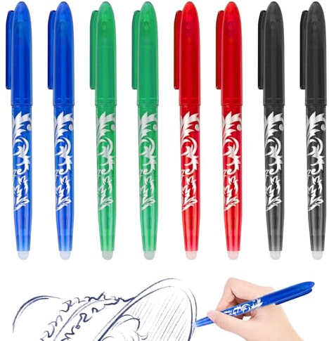 RUCUDIM Lot de 8 stylos à bille effaçables à encre gel effaçable 0,5 mm Pour fournitures scolaires et fournitures de bureau Bleu/noir/rouge/vert