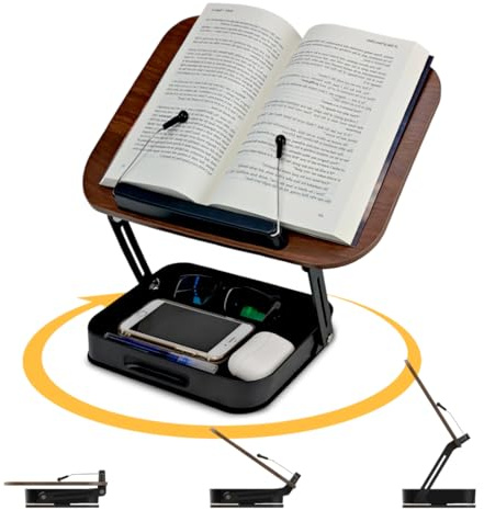 Supporto per libri in legno, girevole a 360° e regolabile in altezza, Questo leggio include un fermapagine antigraffio con cuscinetto a sfera per cucina, ufficio, ricette o tablet