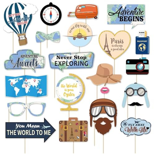 Tabanzhe 23PCS Travel Photo Booth Props,Travel Themed Party Decorations,Around The World Adventure Photo Booth Props for Birthday Farewell Retirement Graduation Party Supplies