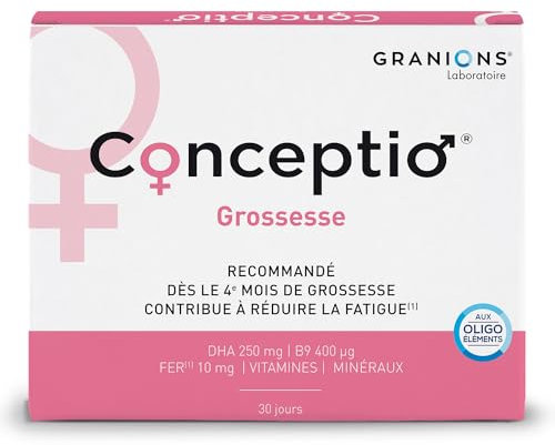 CONCEPTIO GROSSESSE | Dès le 4ème mois de grossesse | Fatigue, développement normal du foetus | Vitamine B9, Fer, DHA, Vitamines B, D3 et C, Oligoéléments | 30 gélules & 30 capsules | Format 1 mois