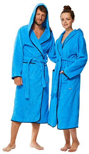 Sowel® Bademantel Damen und Herren, 100% Bio-Baumwolle, Extra Lang mit Kapuze, Morgenmantel, Flauschig, Frottee, M, Blau/Navy