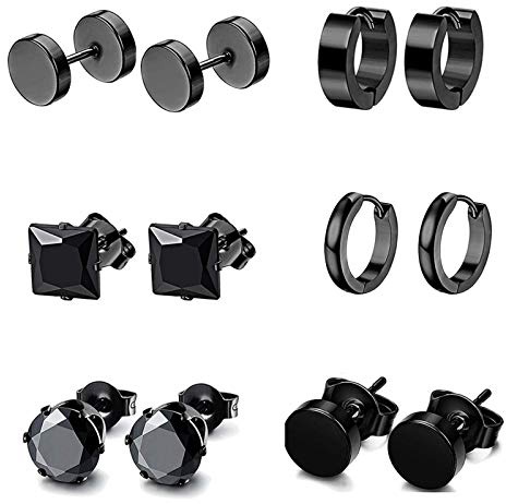 6 Pairs Black Men's Earrings Studs, Stainless Steel Hypoallergenic Cartilage Earrings Hoops Barbell Ear Plugs Ear Piercing Triangle Screw Stud Black Earrings Set for Men Boys