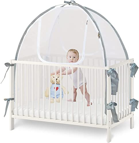 Baby Crib Tent Safety Net, Durable Strong Self-Locking Zippers, Protects from Climbing Out and, Insects, Mosquitoes, Installs with Rods (Crib 52.25 - 28.25)