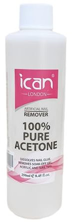Ican London 100% Pure Acetone Nail Polish Remover UV GEL Soak Off 250ml clear
