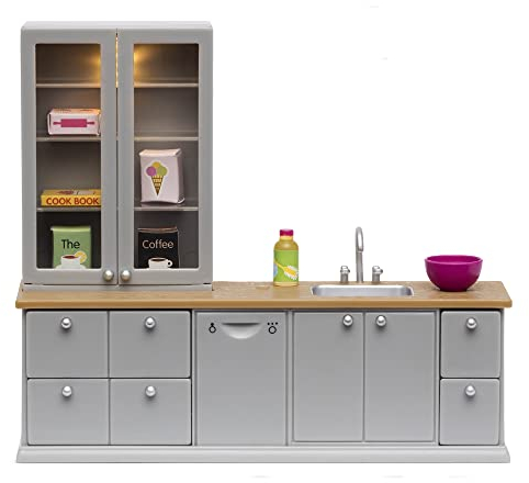 Lundby Puppenhaus Küche - Puppenstubenmöbel Küche Puppenhaus Möbel Set - 8-teilige Miniatur Küche - beleuchtete Puppenhaus Zubehör Küche - Puppenmöbel - Puppenhausmöbel - 11cm Puppen 1:18