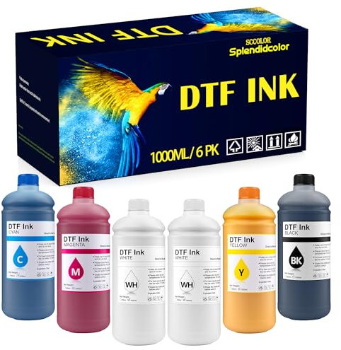 DTF INK Combo Pack 1000ML-Premium Direct-to-Film Transfer Ink for PET Film Compatible for Printheads L1800 L805 R1390 4720 I3200 XP600 DX7 DX5 5113(2 White,1 Black,1 Cyan,1 Magenta,1 Yellow)