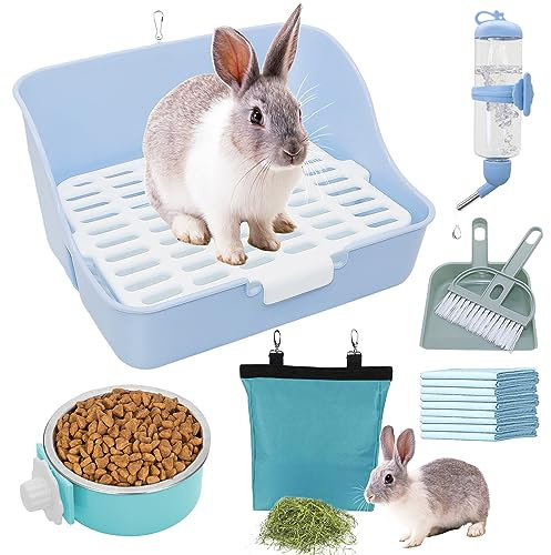 Rabbit Litter Box Trainer with Hay Feeder Hanging Bowls Water Dispenser for Cage Drawer Pan Litter Bedding Small Animal Pet Toilet Bunny Guinea Pigs Chinchilla Ferret Small Animals Blue