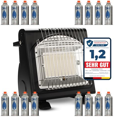 Z.M.C Calefacción de gas portátil 2 en 1 y hornillo de gas + 16 cartuchos de gas de 227 g, calefacción de cerámica multifuncional, calefacción de camping de 1,7 kW, calentador de gas para exteriores