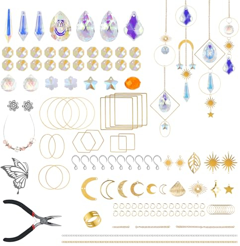 lasuroa 224 Stück Sonnenfänger Kristall Bastelset, DIY Hängender Lichtfänger Kristall Handwerk mit Hakenkette Anhänger Zubehör Prisma Hängeornament für Fenster, Garten, Heimdekoration