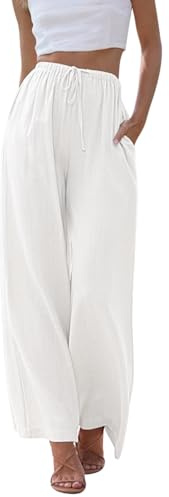 Voqeen Femme Pantalon D'été en Lin Taille Haute Couleur Unie Pantalon de Plage Large Décontracté Taille Élastiquée avec Poches