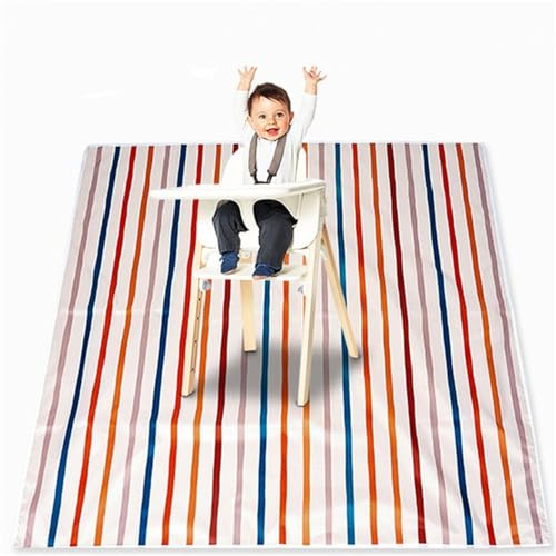 Treer Tapis Chaise Haute Bébé Imperméable Antidérapant Tapis Anti-éclaboussures 110cm Tapis de Sol pour Chaise Haute, Tapis Imprimé Créative Pliable pour Protéger Votre Plancher (Rayures Colorées)
