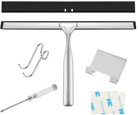 Duschabzieher,25.5CM Duschabzieher Edelstahl,Duschwischer Mit 2 verschiedenen Wandaufhänger,Fensterschaber mit 2 Silikon-Wischlippen,für Badezimmer, Küche, Fenster und Auto Glas