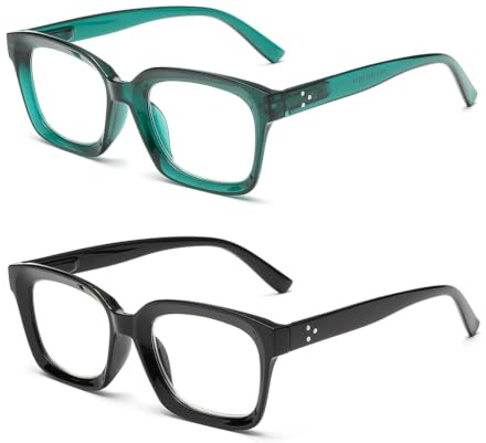 Hubeye Oversize Large Frame Reading Glasses Square Blue Light Blocking 3.50 | Retro Aesthetic Style, Fashion, Comfortable, Coarse Linen Storage Bag For Free, Men Women, For Home and Office, Black+Green