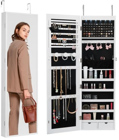 VEVOR Armadietto portagioie con serratura e specchio, 1,20 m, organizzatore LED, velluto e cassetto, bianco