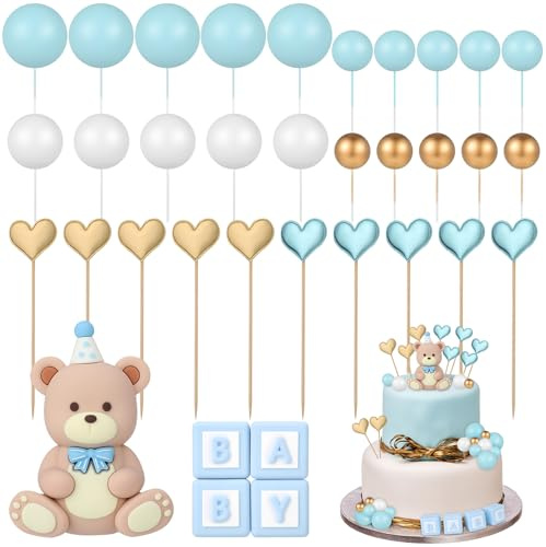 Halinuia Decorazioni Torta Orsetto Bimbo, Lettera BABY, Mini Palline e Forma d'Amore Blu per Baby Shower, Centrotavola Matrimonio e Compleanno Decorazioni