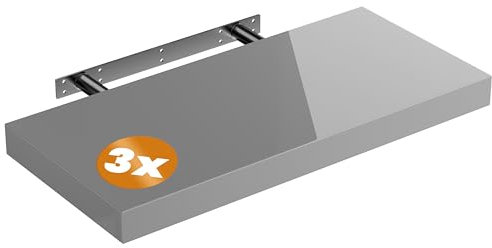 Casaria® 3X Wandregal Holz Grau Hängeregal mit Halterung 15kg Tragkraft Küche Wohnzimmer Schweberegal Bücherregal Regalbrett Schwebend Hochglanz 50cm